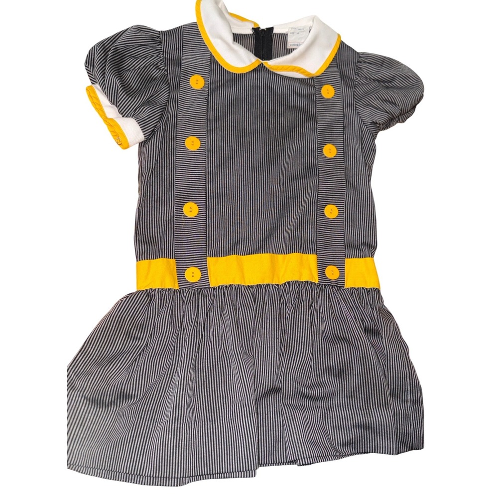 Vintage Youngland Girls Pinstripe Dress Navy Yellow Button Trim Size 6X USA Made